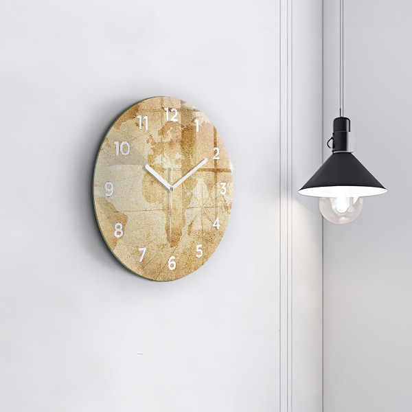 Round glass clock Vintage world map