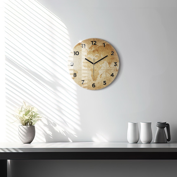 Round glass clock Vintage world map