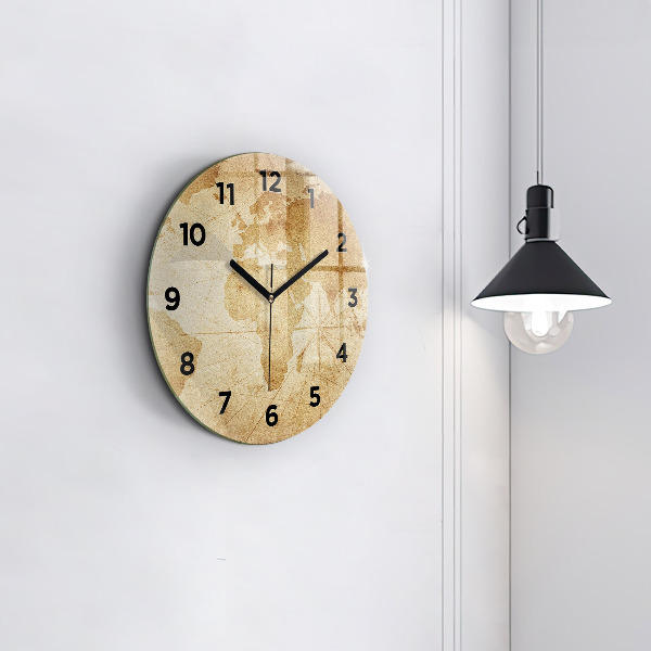 Round glass clock Vintage world map
