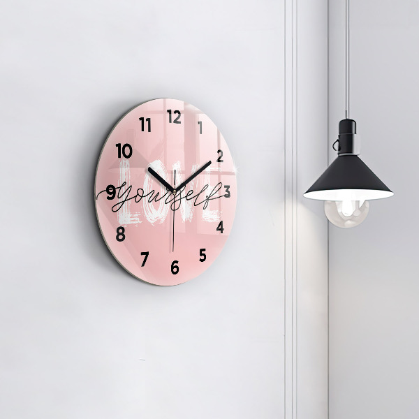 Round glass clock The inscription Love yourself