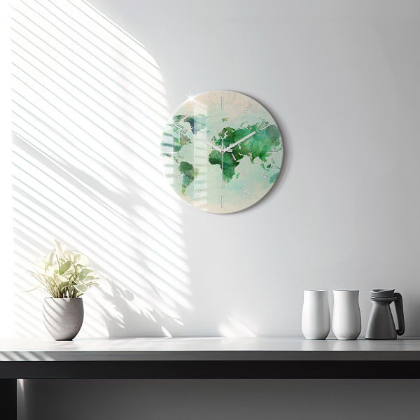 Round glass clock Watercolor world map