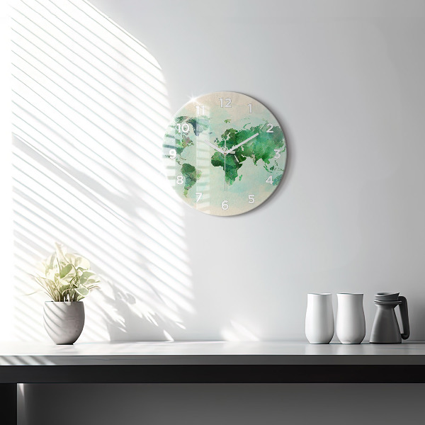 Round glass clock Watercolor world map
