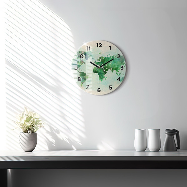 Round glass clock Watercolor world map
