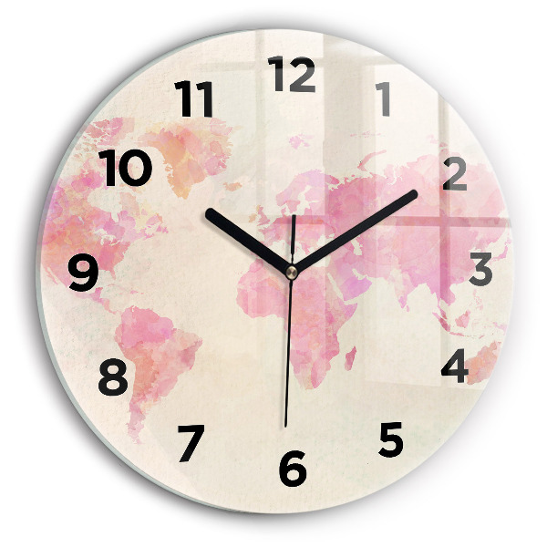 Round glass clock Watercolor world map