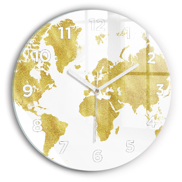 Round glass clock Golden map of the world