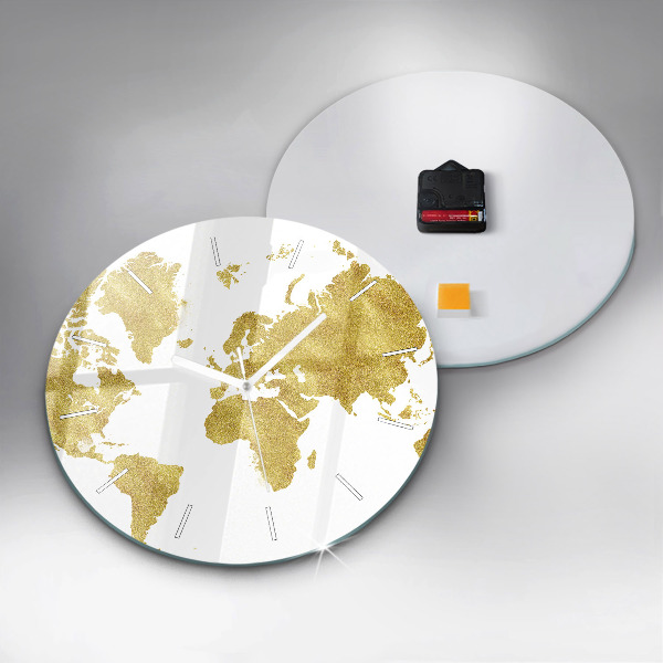 Round glass clock Golden map of the world