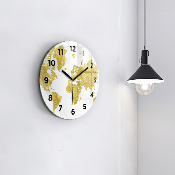 Round glass clock Golden map of the world