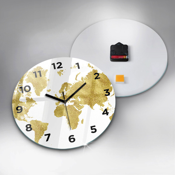 Round glass clock Golden map of the world
