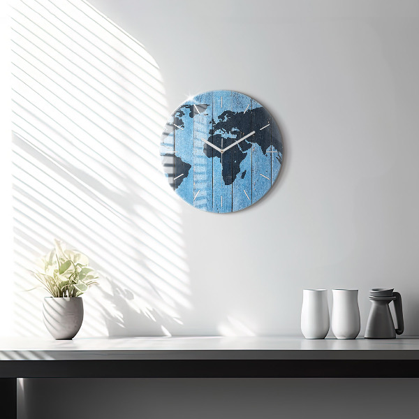 Round glass clock World map on boards