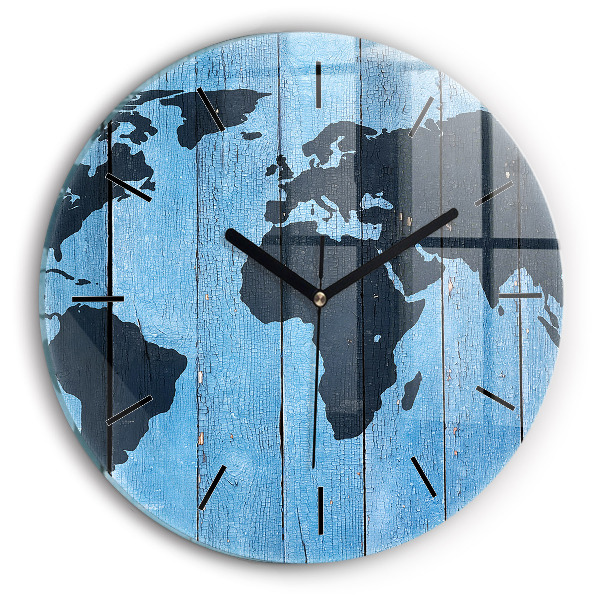 Round glass clock World map on boards