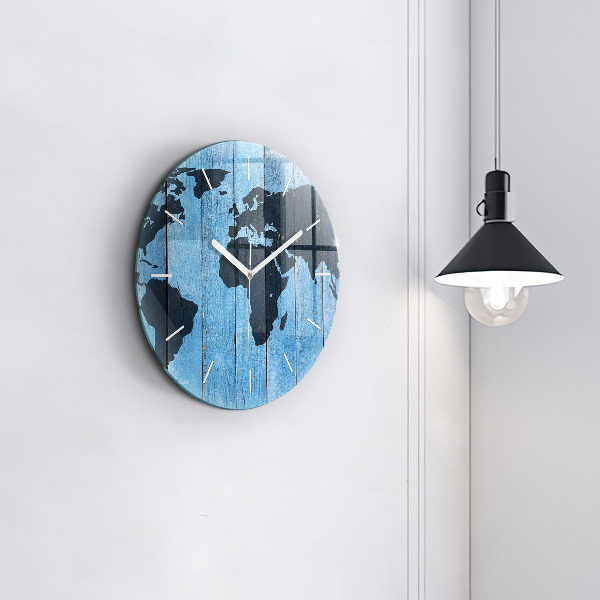 Round glass clock World map on boards