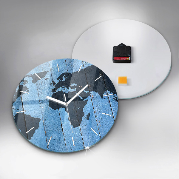 Round glass clock World map on boards