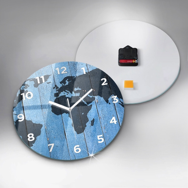 Round glass clock World map on boards