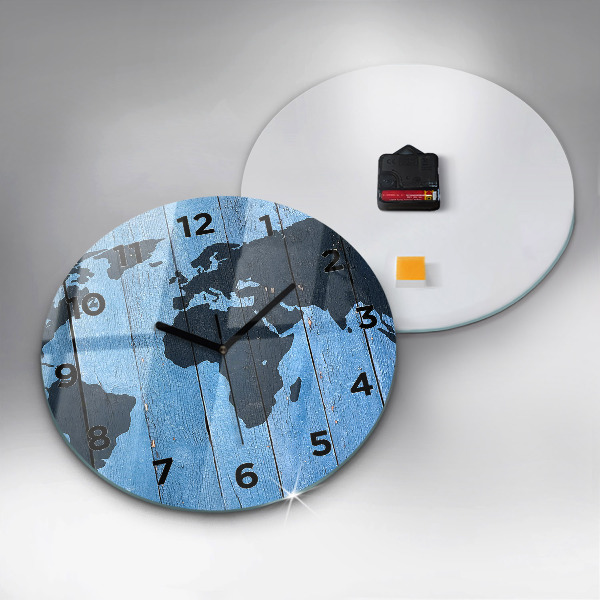Round glass clock World map on boards
