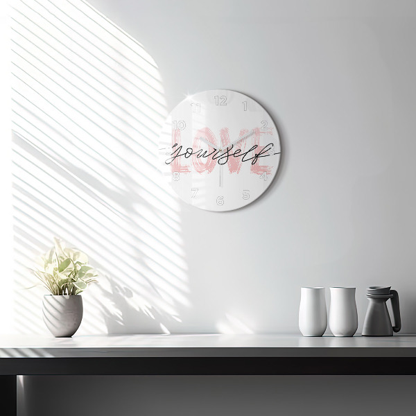 Round glass clock The inscription Love yourself