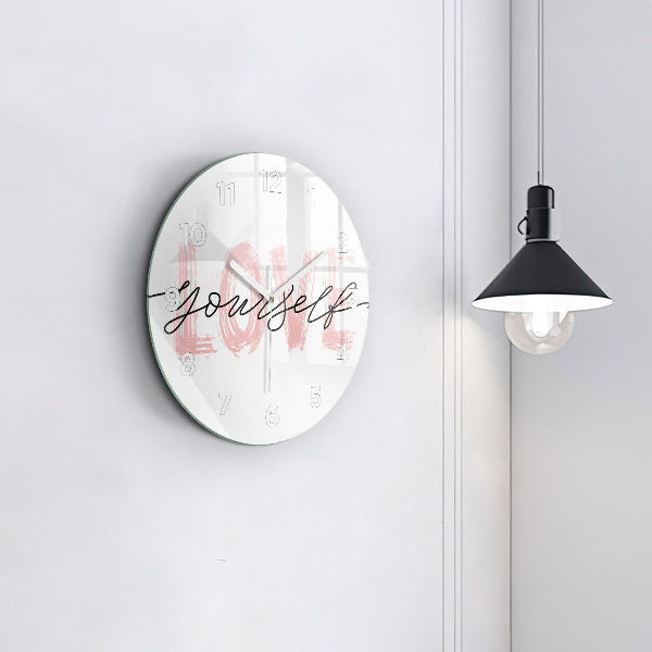 Round glass clock The inscription Love yourself