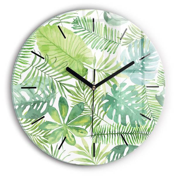 Round glass clock Green leaves