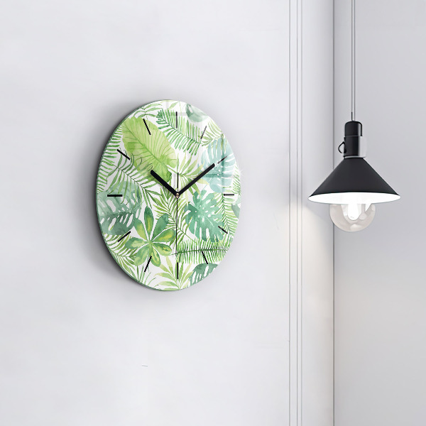 Round glass clock Green leaves
