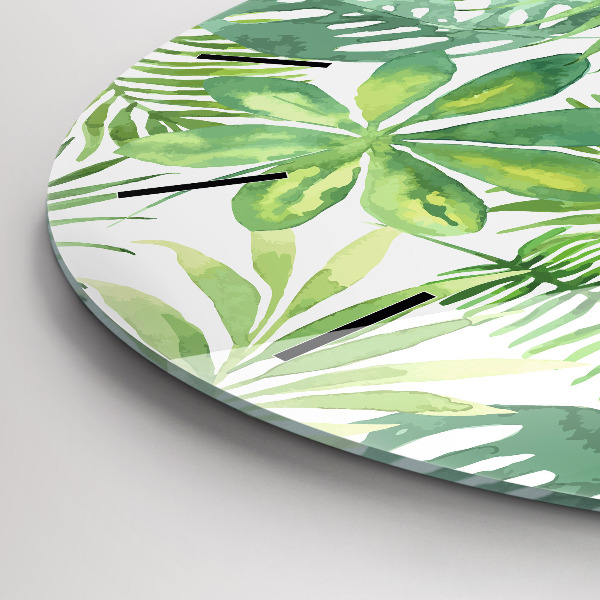 Round glass clock Green leaves