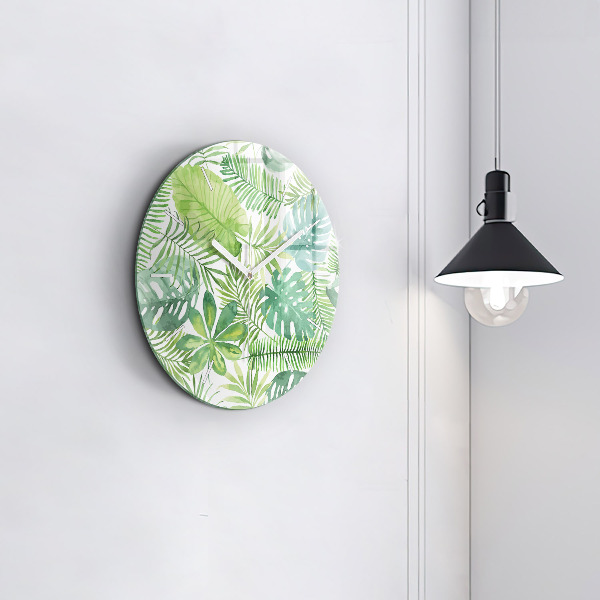 Round glass clock Green leaves