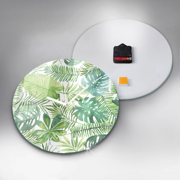 Round glass clock Green leaves