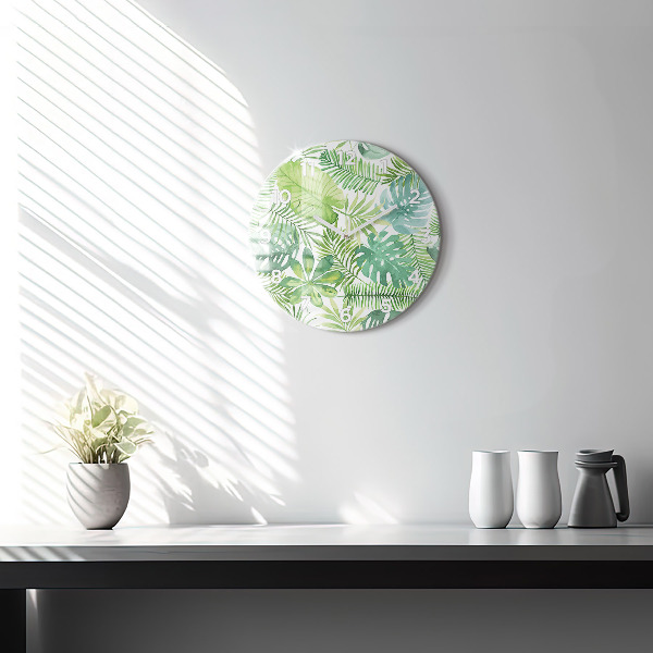 Round glass clock Green leaves