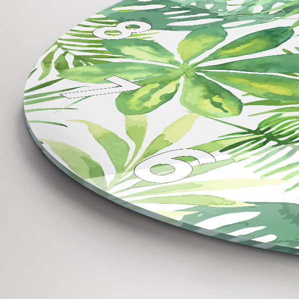 Round glass clock Green leaves