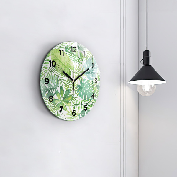 Round glass clock Green leaves