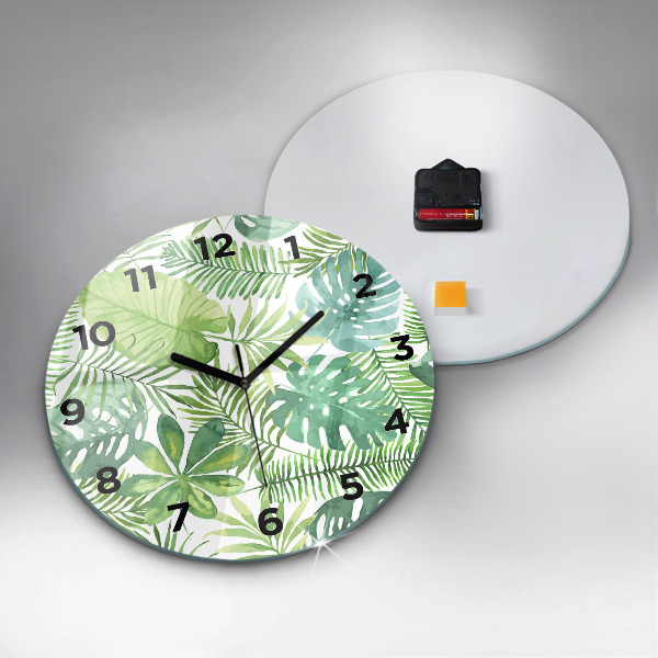 Round glass clock Green leaves
