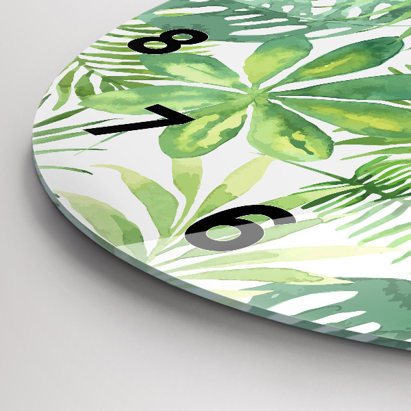 Round glass clock Green leaves
