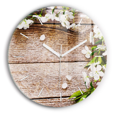Round glass clock Flowers on wood