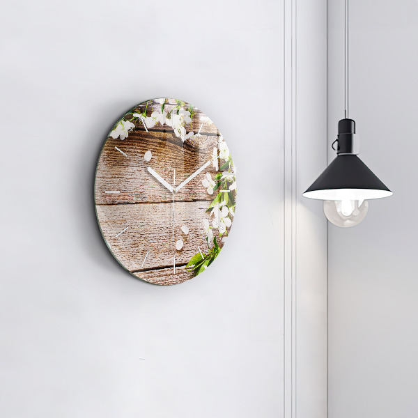 Round glass clock Flowers on wood