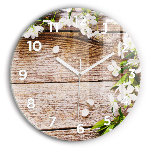 Round glass clock Flowers on wood