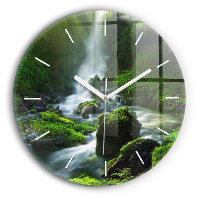 Round glass clock Waterfall and rocks