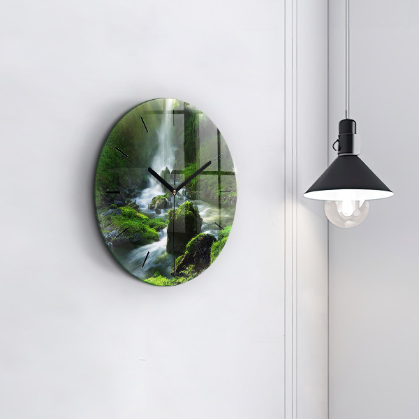 Round glass clock Waterfall and rocks