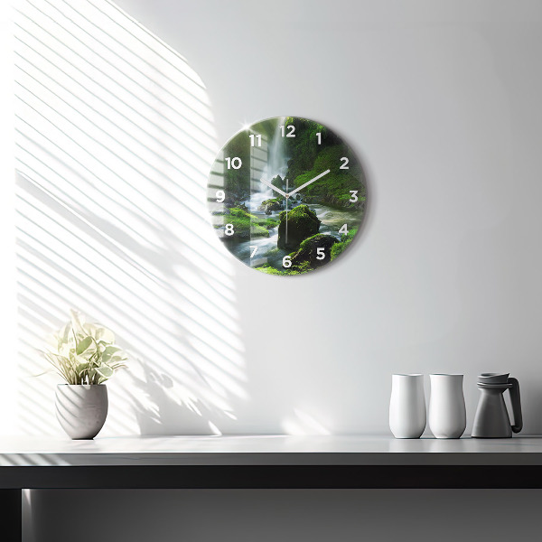 Round glass clock Waterfall and rocks