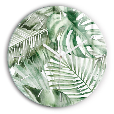 Round glass clock Painted plant leaves