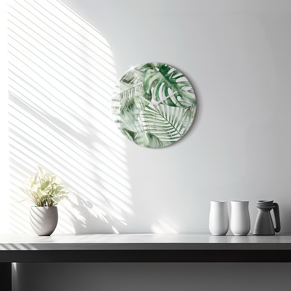 Round glass clock Painted plant leaves