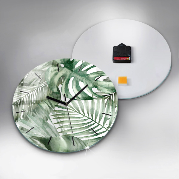 Round glass clock Painted plant leaves