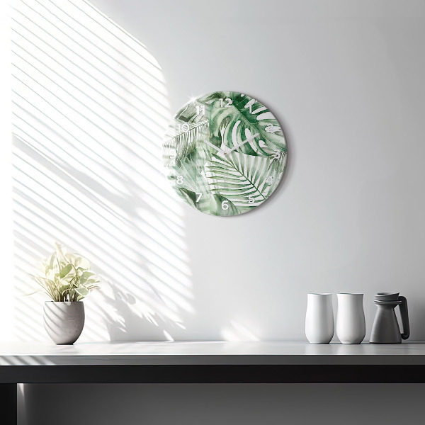 Round glass clock Painted plant leaves