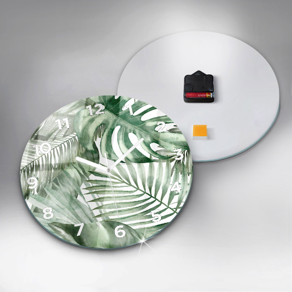 Round glass clock Painted plant leaves