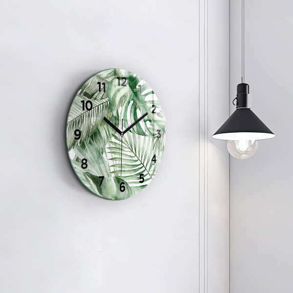 Round glass clock Painted plant leaves