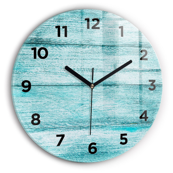 Round glass clock Blue old wood