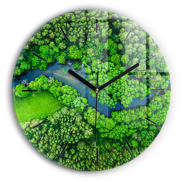 Round glass clock River in the forest