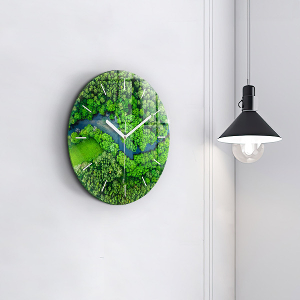 Round glass clock River in the forest