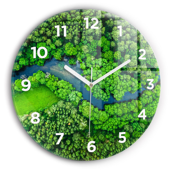 Round glass clock River in the forest