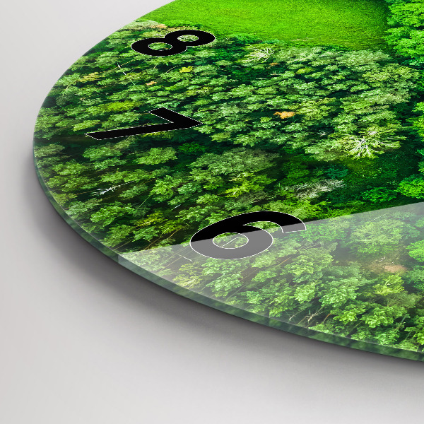 Round glass clock River in the forest