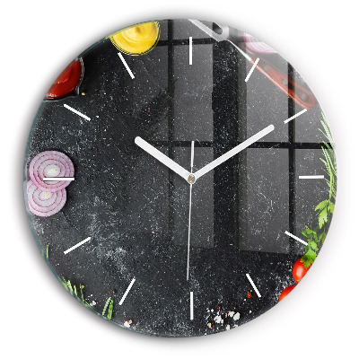 Round glass clock Vegetables on the table