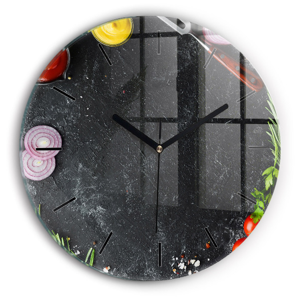 Round glass clock Vegetables on the table