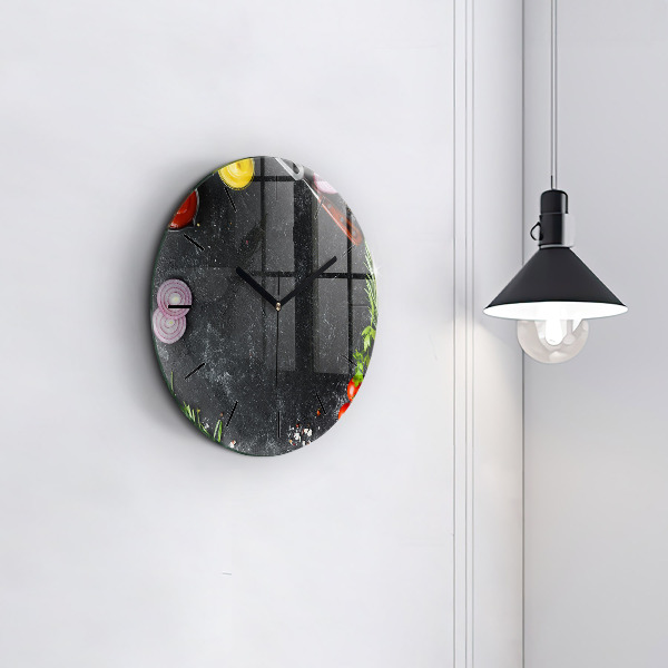 Round glass clock Vegetables on the table